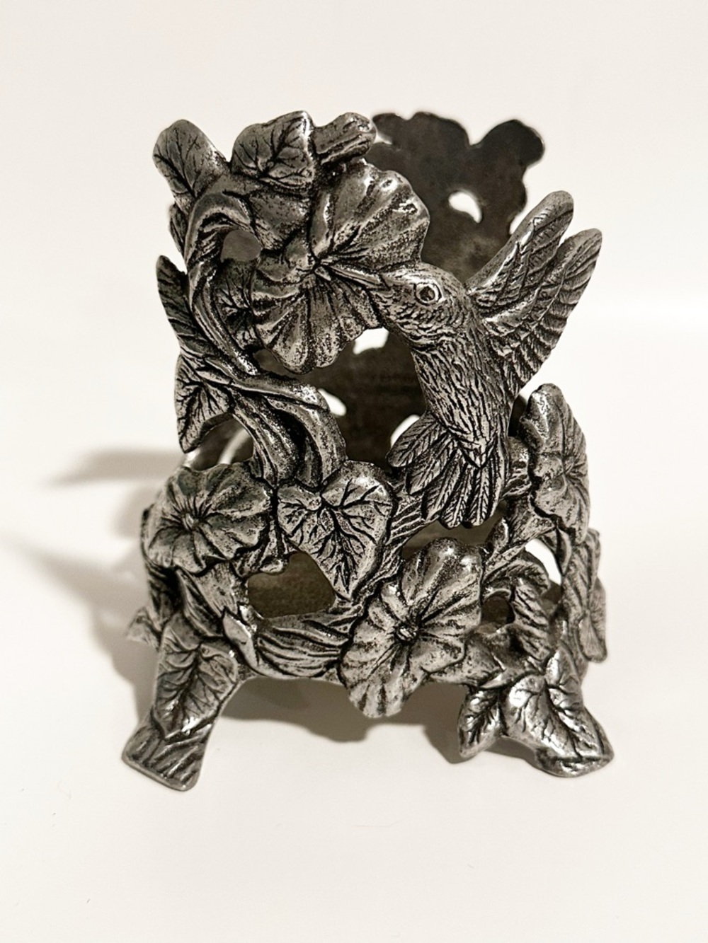 Ornate Silver Hummingbird Metal Candle Holder Goblincore